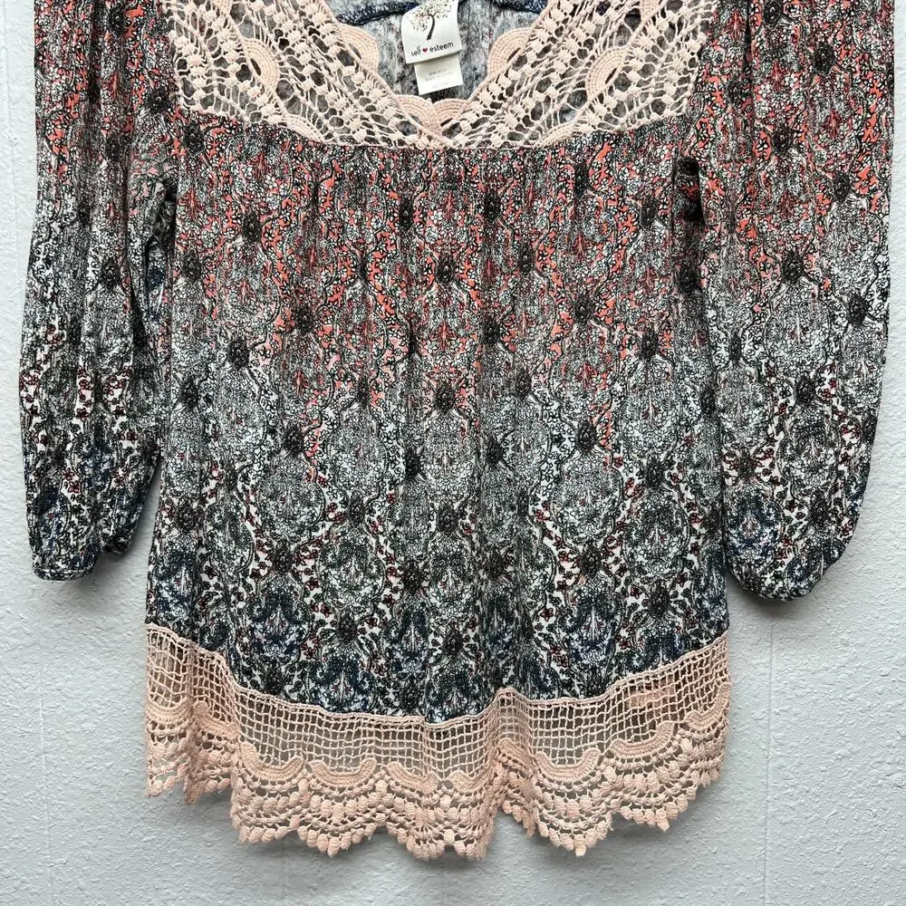 Self Esteem Lace Floral 3/4 Sleeve Top Womens Small Flowy Fairy Boho Cottage